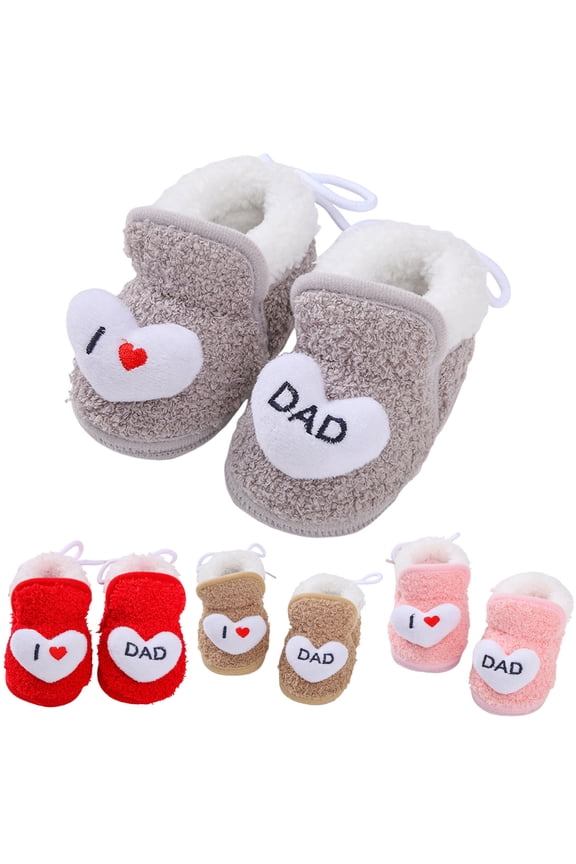 Unisex Boys Girls Slippers Cozy Furry Plush Baby Booties Infant Non Slip House Walking Crib Shoes with I Love Dad Grey
