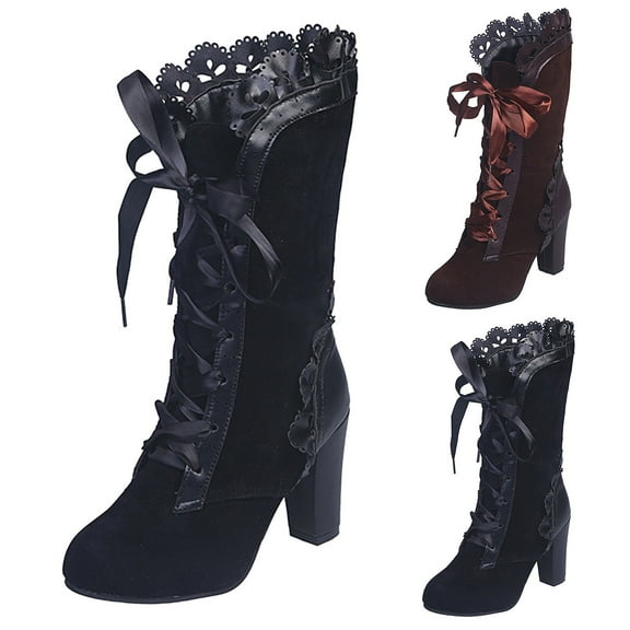 Dakaela Victorian Boots for Women Casual Ruffles Lace up Mid Calf Fall Booties Mid Heels Vintage Goth Witch Shoes