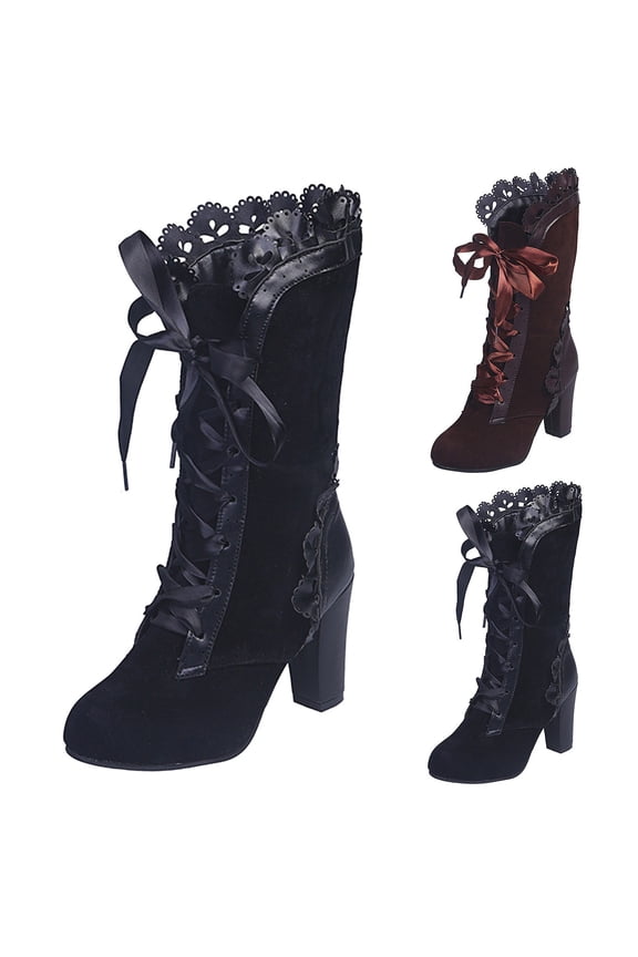 Victorian Boots for Women Casual Ruffles Lace up Mid Calf Fall Booties Mid Heels Vintage Goth Witch Shoes
