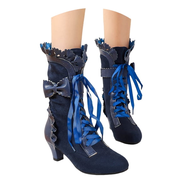 Dakaela Victorian Boots for Women Vintage Bow Ruffles Goth Mid Calf Booties Lace up Halloween Witch Shoes