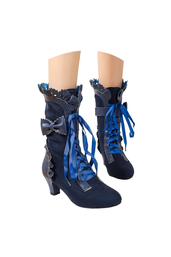 Victorian Boots for Women Vintage Bow Ruffles Goth Mid Calf Booties Lace up Halloween Witch Shoes