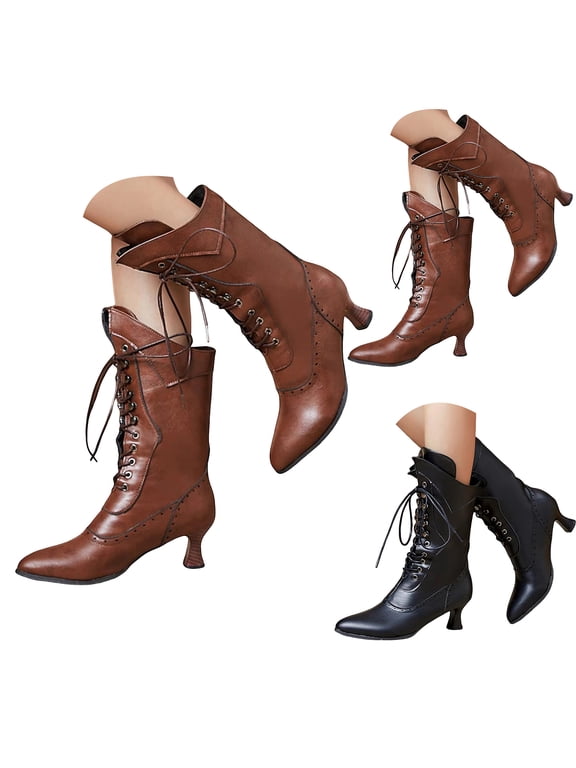 Victorian Boots for Women Vintage Granny Mid Calf Booties Lace up Block Heel Goth Punk Shoes