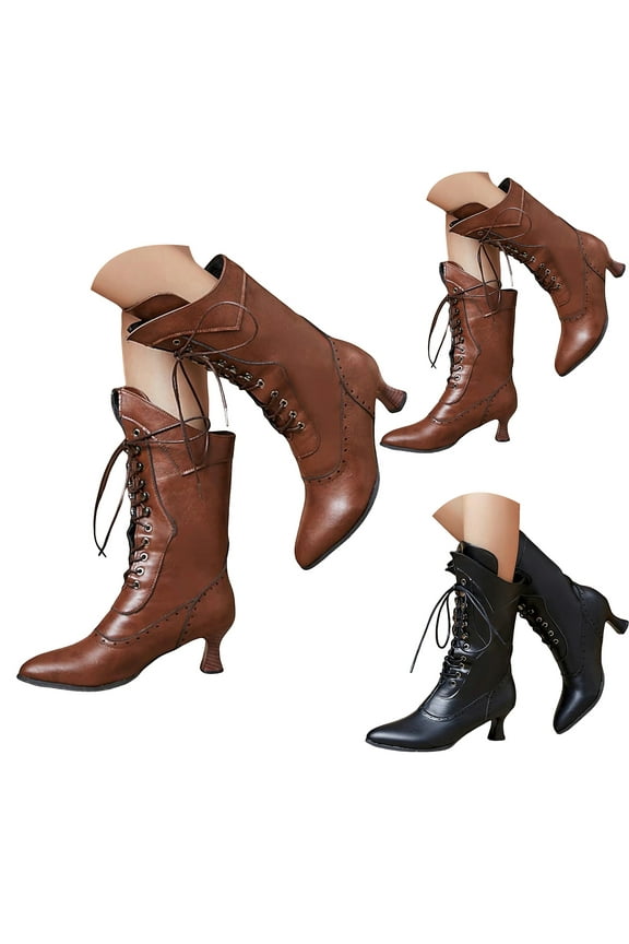 Victorian Boots for Women Vintage Granny Mid Calf Booties Lace up Block Heel Goth Punk Shoes