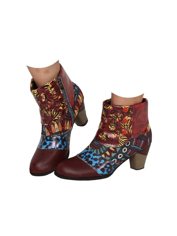 Vintage Bohemian Boots for Women Colorful Leather Round Toe Chunky High Heel Ankle Booties Side Zip Retro Dress Short Boot Size 6-10