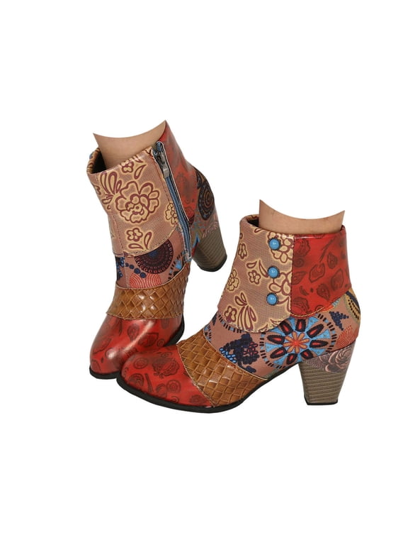 Vintage Bohemian Boots for Women Colorful Leather Round Toe Chunky High Heel Ankle Booties Side Zip Retro Dress Short Boot Size 6-10