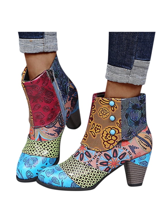 Vintage Boho Ankle Boots for Women Colorful Leather Round Toe Chunky High Heel Dress Short Booties for Party Casual Work Daily Wear Size 6-10