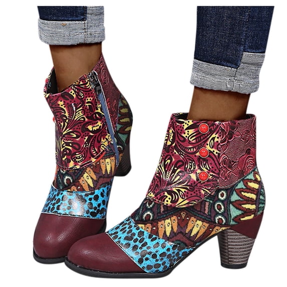 Dakaela Vintage Boho Ankle Boots for Women Colorful Leather Round Toe Chunky High Heel Dress Short Booties for Party Casual Work Daily Wear Size 6-10