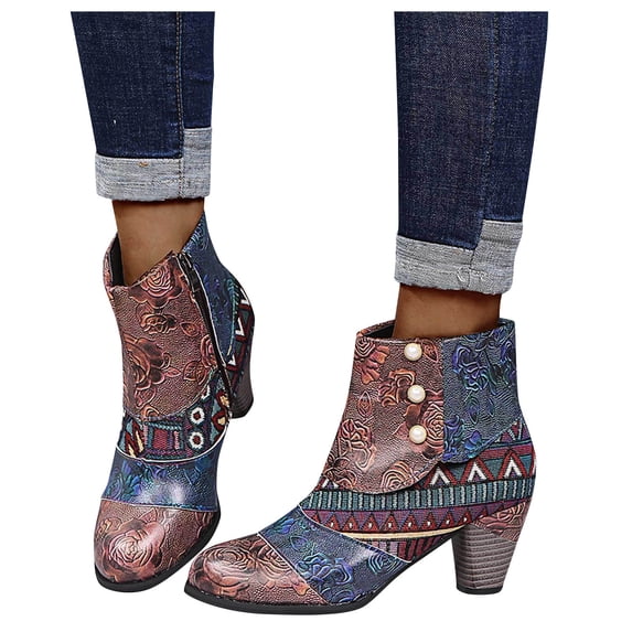 Dakaela Vintage Boho Ankle Boots for Women Colorful Leather Round Toe Chunky High Heel Dress Short Booties for Party Casual Work Daily Wear Size 6-10