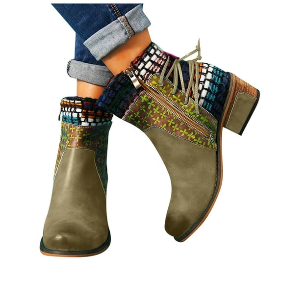 Dakaela Vintage Boots for Women Leather Boho Round Toe Ankle Booties Retro Steel Toe Dress Short Boots