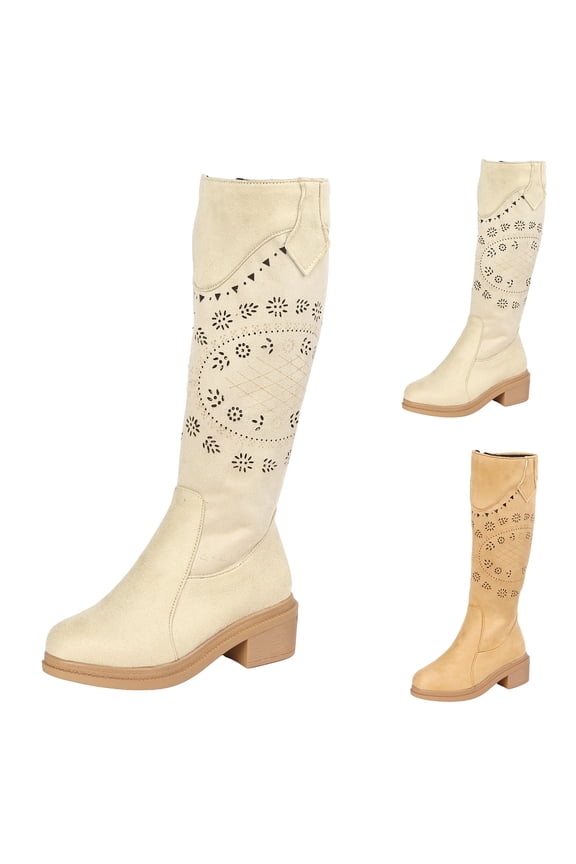 Vintage Knee High Boots for Women Round Toe Pull on Western Cowboy Wide Calf Riding Long Boots