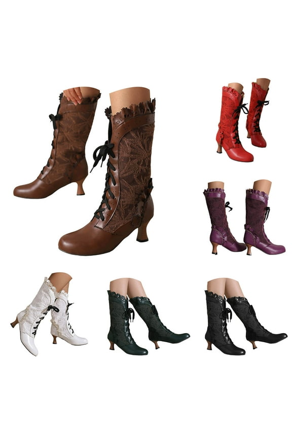 Vintage Victorian Boots for Women Kitten Heel Knee High Booties Retro Lace up Goth Witch Shoes