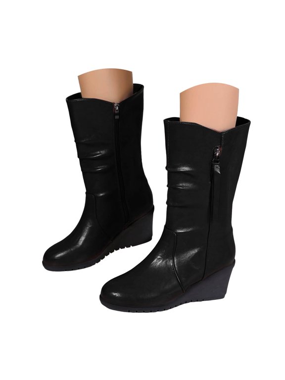 Wedge High Heels Boots for Women Ladies Fashion Casual Ruched Leather Round Toe Chunky Dress Pump Mid Calf Booties Size 6-9
