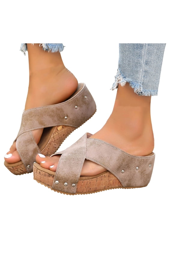 Wedge Sandals Platform Slides for Women Cork Heeled Comfortable Walking Sandal Open Toe Slip on Mules for Summer Vacation Beach Casual Beige Size 6.5
