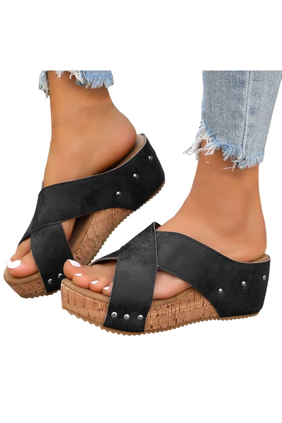 Wedge Sandals Platform Slides for Women Cork Heeled Comfortable Walking Sandal Open Toe Slip on Mules for Summer Vacation Beach Casual Black Size 8.5