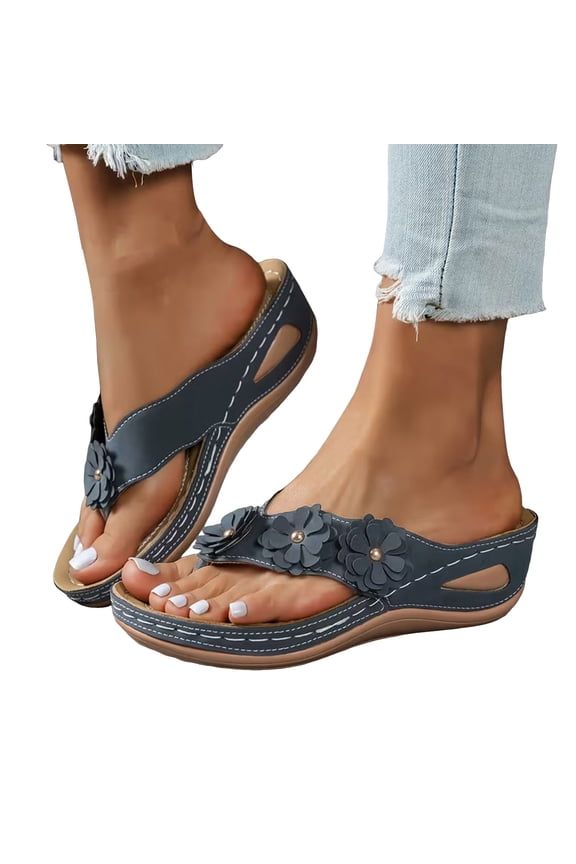 Wedge Sandals Women Flower Platform Dressy Summer Flip Flops Arch Support Comfortable Slip on Orthopedic Thong Slides Size 6-10 Blue