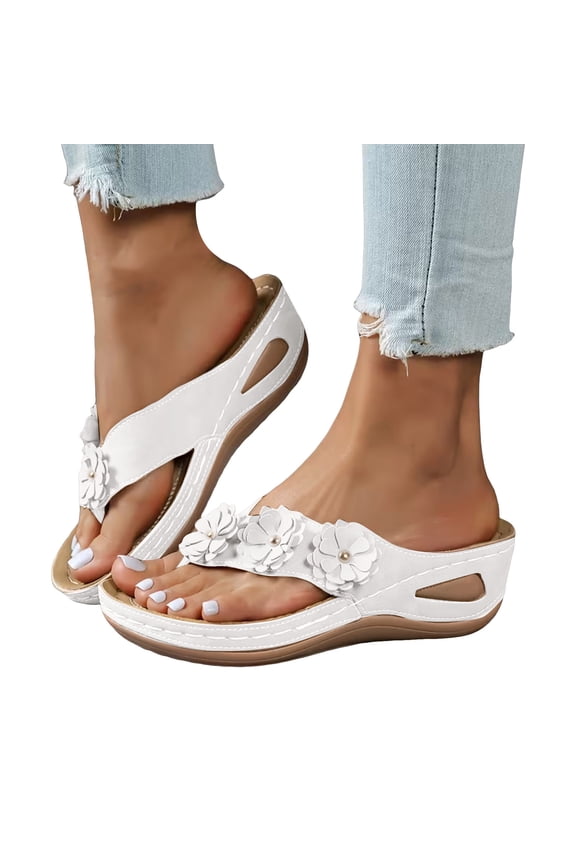 Wedge Sandals Women Flower Platform Dressy Summer Flip Flops Arch Support Comfortable Slip on Orthopedic Thong Slides Size 6-10 White