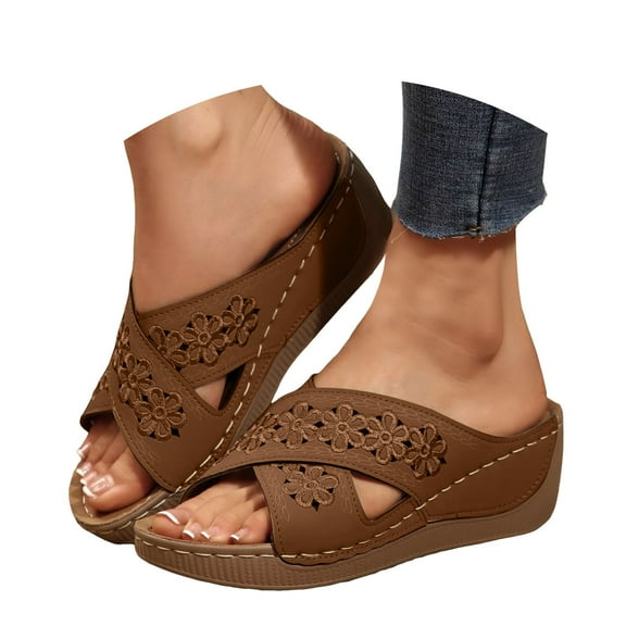 Dakaela Wedge Sandals for Women 2025 Summer Beach Shoes Open Toe Dressy Platform Slides Brown 8