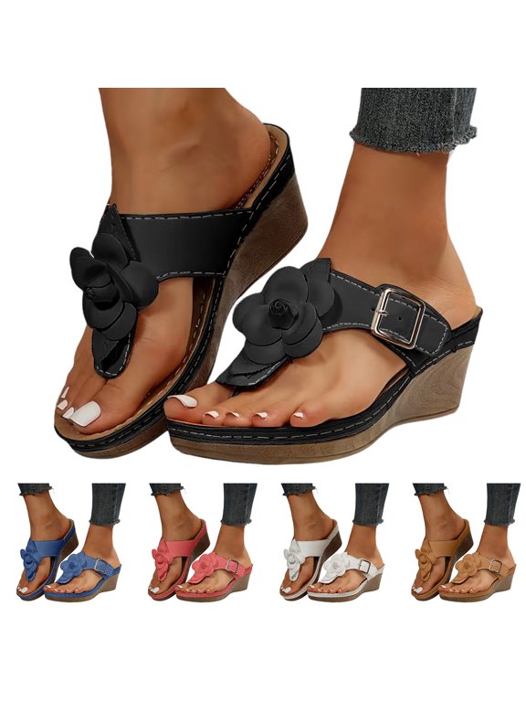 Wedge Sandals for Women 2026 Comfortable Flower Platform Flip Flops Dressy Casual Summer Beach Walking Slides Black 6.5