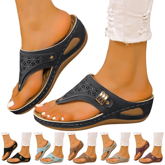 Dakaela Wedge Sandals for Women 2026 Orthopedic Casual Slip on Summer Flip Flops Breathable Non Slip Platform Slides Shoes Black 8