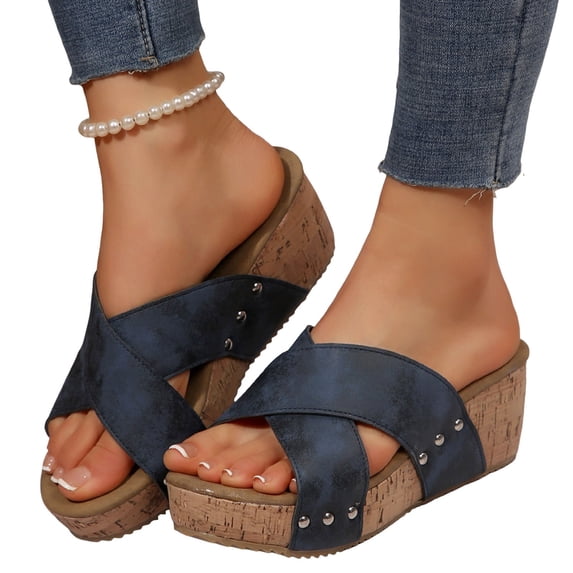 Dakaela Wedge Sandals for Women 2026 Platform Cork Wedges Heels Slip on Slides Comfortable Open Toe Casual Dressy Summer Beach Shoes Blue 9