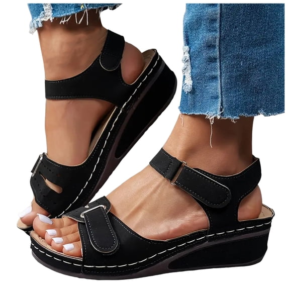 Dakaela Wedge Sandals for Women Dressy Platform Leather Orthopedic Dress Walking Shoes with Wide Toe Arch Support Adjustable Strap Black,8.5
