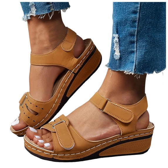Dakaela Wedge Sandals for Women Dressy Platform Leather Orthopedic Dress Walking Shoes with Wide Toe Arch Support Adjustable Strap Brown,7