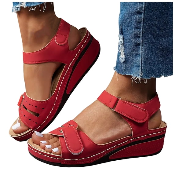 Dakaela Wedge Sandals for Women Dressy Platform Leather Orthopedic Dress Walking Shoes with Wide Toe Arch Support Adjustable Strap Red,8