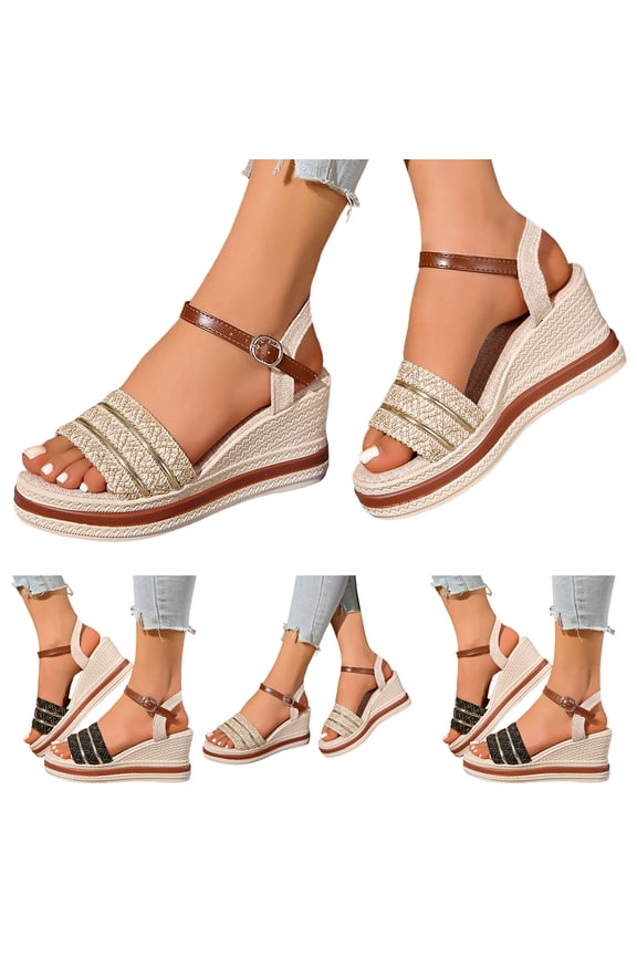 Wedge Sandals for Women Dressy Summer Platform Espadrille Rhinestone Casual Braided Heels Walking Shoes with Ankle Strap Size 6.5