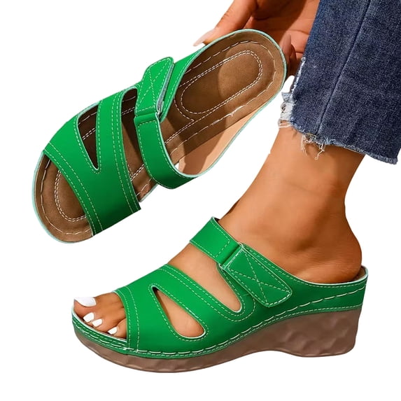 Dakaela Wedge Sandals for Women Leather Summer Dressy Slip on Slides Wide Width Cutout Platform Comfortable Walking Slippers Size 6-10 Green