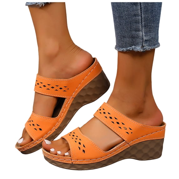 Dakaela Wedge Sandals for Women Orthopedic Summer Slip on Slides with Arch Support Comfortable Cutout Platform Walking Casual Shoes Size 6-10 Orange