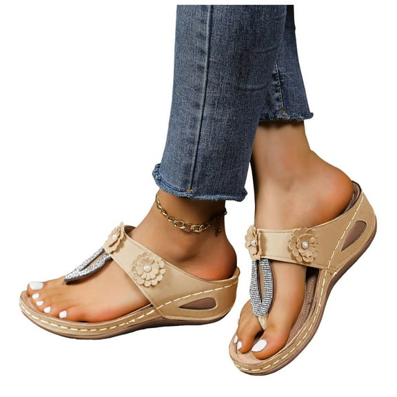 Dakaela Wedge Sandals for Women Rhinestone Orthopedic Flip Flops Arch Support Summer Walking Slippers