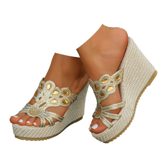 Dakaela Wedge Sandals for Women Rhinestone Summer Platform Espadrilles Casual Slip on Walking Shoes