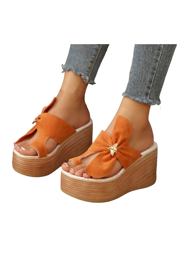 Wedge Sandals for Women Suede Bow Slip On Platform Slides Toe Ring Ladies High Heel Shoes for Casual Summer Walking (7,Orange)