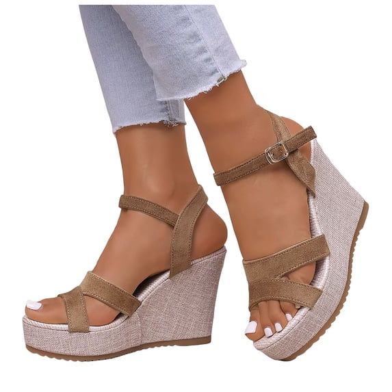 Dakaela Wedges Sandals for Women 2026 Comfortable Platform Summer Espadrille Shoes Ankle Strap Open Toe Dressy Beach Sandal Brown Size 6
