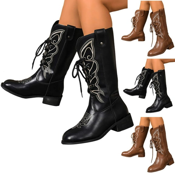 Dakaela Western Cowgirl Boots for Women Cowboy Wide Mid Calf Booties Lace up Combat Dress Motorcycle Riding Shoes Black 6.5