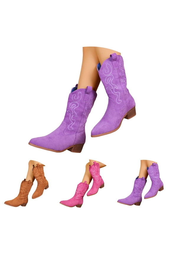 Western Cowgirl Cowboy Boots for Women Chunky Heel Mid Calf Booties Ladies Pointed Toe Suede Riding Shoes Brown Size 6