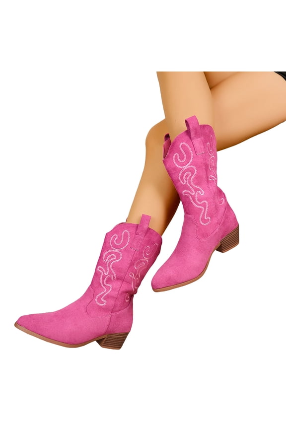 Western Cowgirl Cowboy Boots for Women Chunky Heel Mid Calf Booties Ladies Pointed Toe Suede Riding Shoes Pink Size 9.5