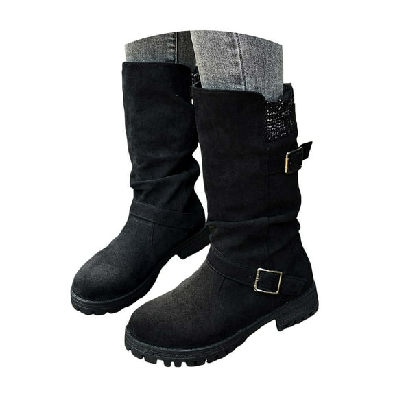 Dakaela Western Mid Calf Boots for Women Buckle Motorcycle Riding Booties Low Heel Winter Dress Shoes