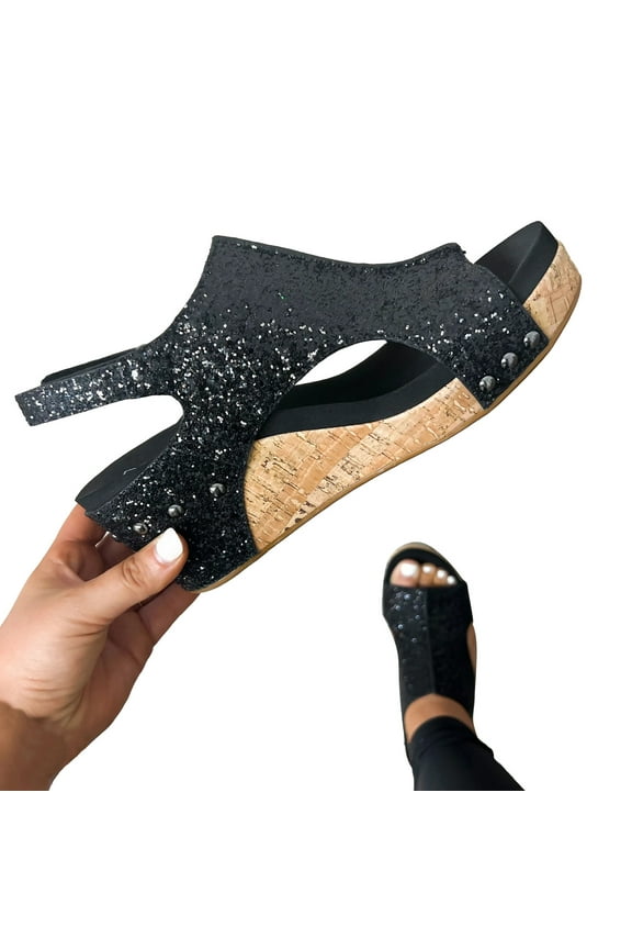 Wide Width Platform Wedge Sandals for Women Rhinestone Open Toe Dress Walking Shoes SIze 6-9