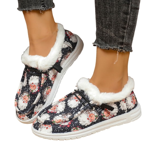 Dakaela Winter Slip on Shoes for Women Christmas Lace up Casual Canvas Sneakers Fleece Lined Driving Walking Loafers Black 6.5