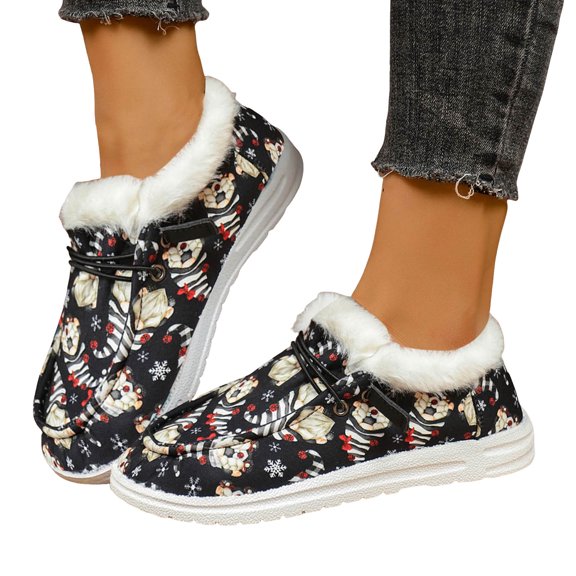 Dakaela Winter Slip on Shoes for Women Christmas Lace up Casual Canvas Sneakers Fleece Lined Driving Walking Loafers Black 8
