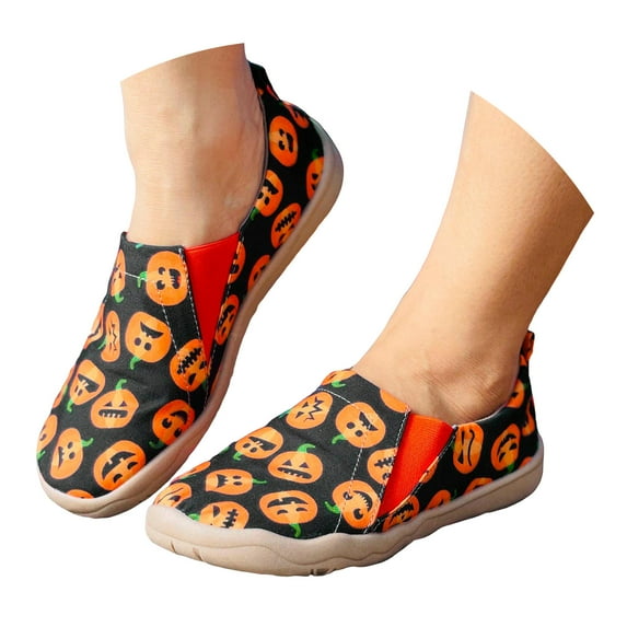 Dakaela Women Canvas Slip on Shoes Halloween Pumpkin Low Top Sneakers 2025 Ladies Casual Walking Flats