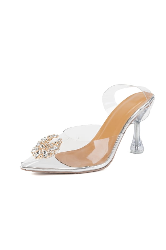 Women Clear Pointed Toe Sandals Stiletto Heels Rhinestone Transparent Strap High Heels Slingback Slip on Mules Pumps for Wedding Prom Party Size 6.5