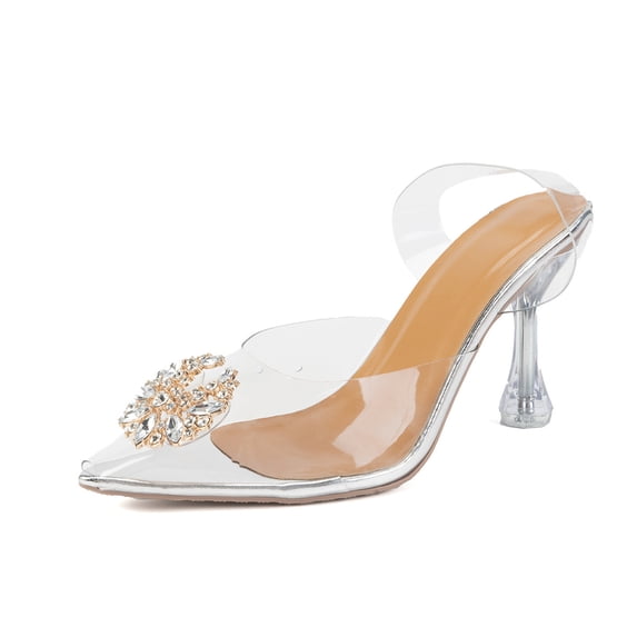 Dakaela Women Clear Pointed Toe Sandals Stiletto Heels Rhinestone Transparent Strap High Heels Slingback Slip on Mules Pumps for Wedding Prom Party Size 9