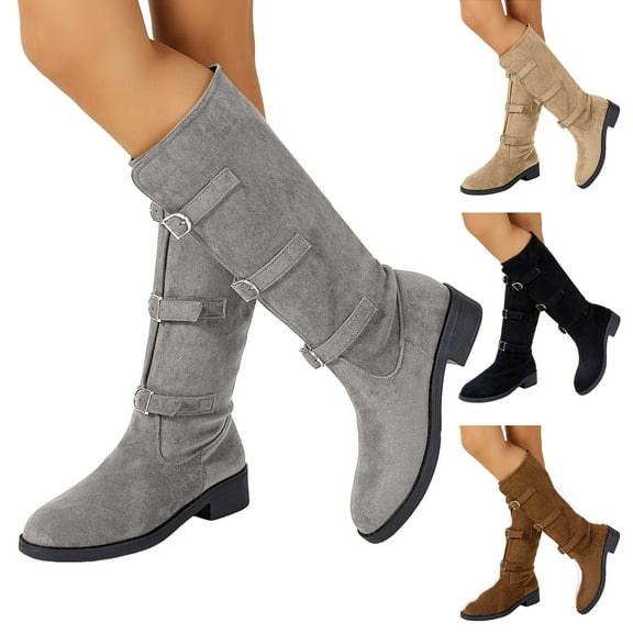 Dakaela Women Cowboy Knee High Boots Chunky Low Heel Slouchy Tall Riding Boots Buckles Platform Winter Shoes Black 7