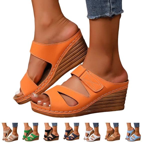 Dakaela Women Dressy Wedge Sandals Comfortable Walking Soft Leather Platform Slides Arch Support Casual Slip on Summer Shoes Size 6-10 Beige