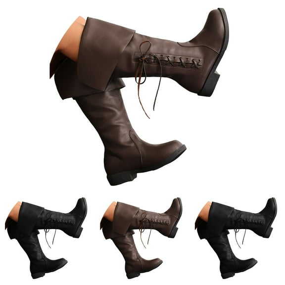 Dakaela Women Fold Over Knee High Riding Boots Low Heel Platform Slouchy Long Boot Round Toe Winter Walking Shoes Black Size 7