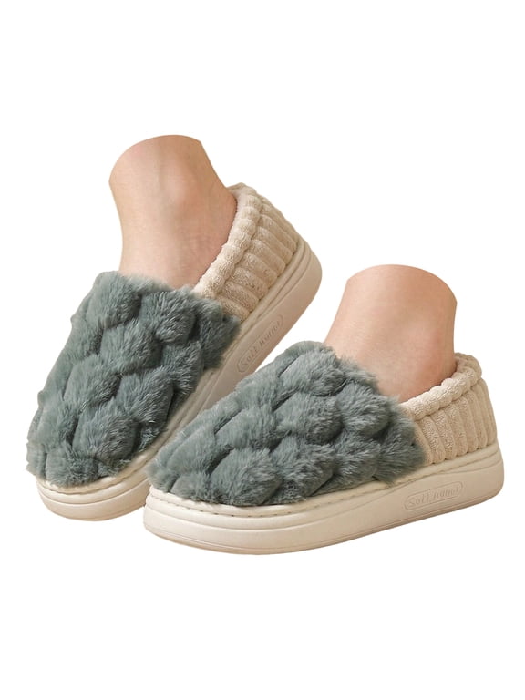Women Fuzzy Closed Back Slippers Bubble Plush Warm Slip On Memory Foam Winter House Shoes Gift Size 5-10