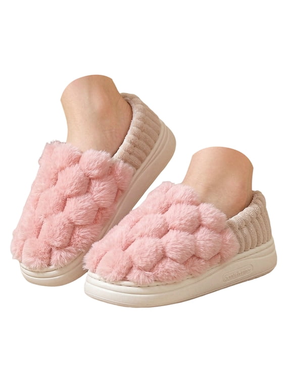 Women Fuzzy Closed Back Slippers Bubble Plush Warm Slip On Memory Foam Winter House Shoes Gift Size 5-10