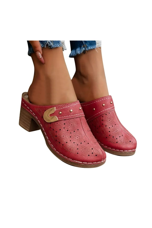 Women High Heel Clogs with Arch Support 2026 Closed Toe Wide Width Slip on Slides Comfortable Indoor Outdoor Mule Walking Shoes Red 9.5